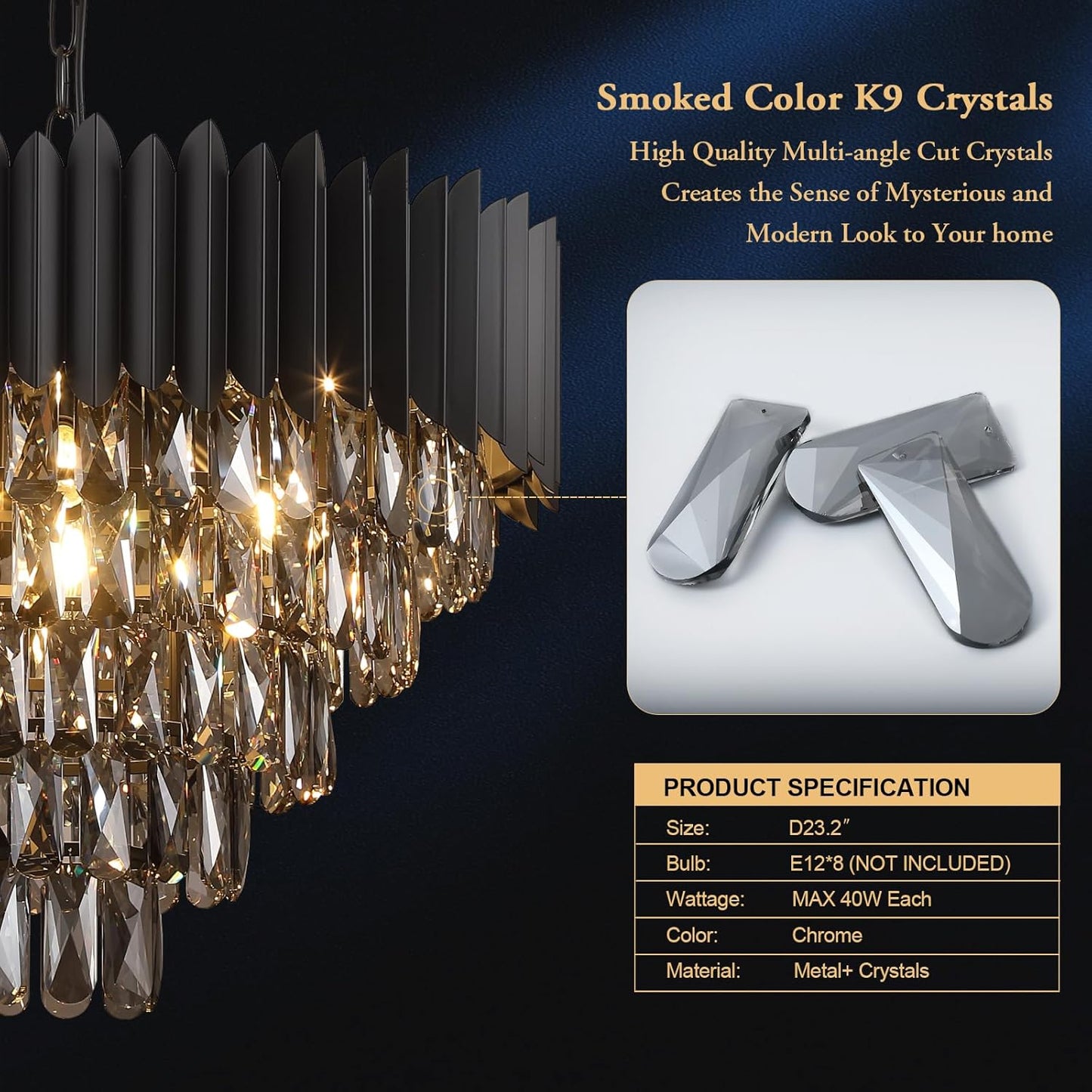 24" Black Crystal Chandelier | 12-Light 5-Tier K9 Crystal, Modern Ceiling Fixture