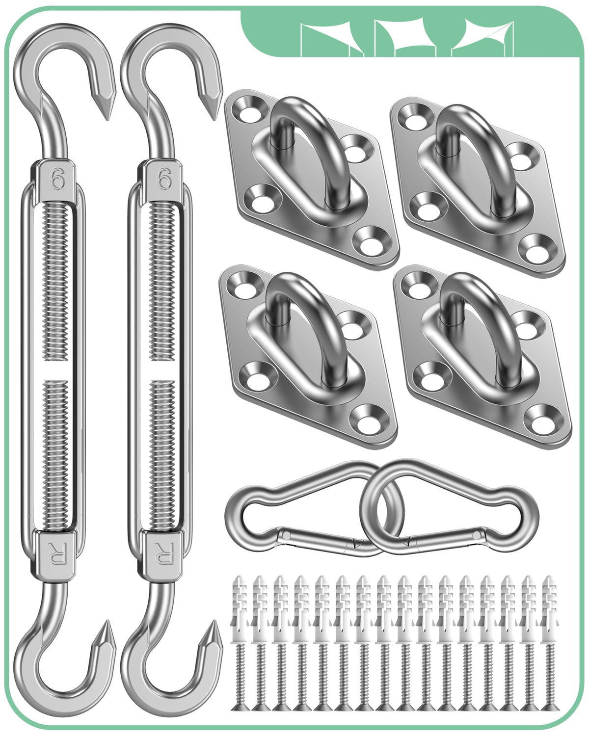 Sun Shade Sail Hardware Kit: 6 Inch 304 Stainless Sunshade Hardware for Rectangle & Triangle Shade Sail Installation, 44 Pcs Heavy Duty Canopy Accessories for Sun Shades Outdoor Patio Garden Backyard