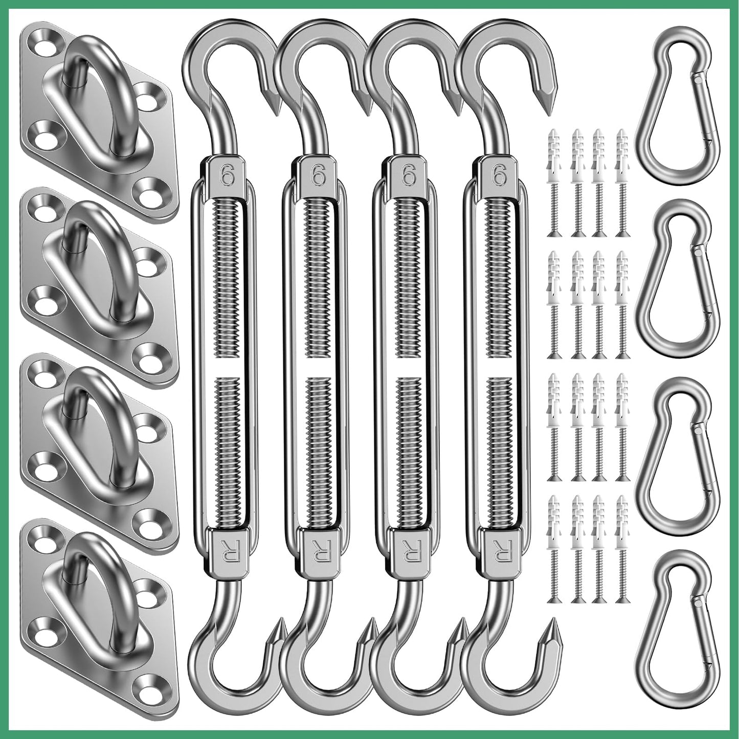 Sun Shade Sail Hardware Kit: 6 Inch 304 Stainless Sunshade Hardware for Rectangle & Triangle Shade Sail Installation, 44 Pcs Heavy Duty Canopy Accessories for Sun Shades Outdoor Patio Garden Backyard