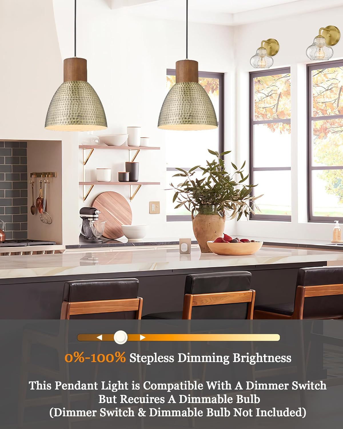 2-Pack Hammered Brass Pendant Lights | Vintage Solid Wood Bar Lamp, Kitchen Island