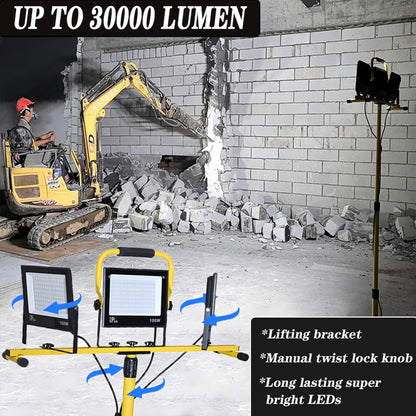 KAWELL 30000LM Industrial LED Work Light with Stand Waterproof LED Hanging Work Lights with 16.4Ft Cord Portable Adjustable Job Site Lighting Indoor Outdoor for Workshop Garage Warehouse Camp, 6500K