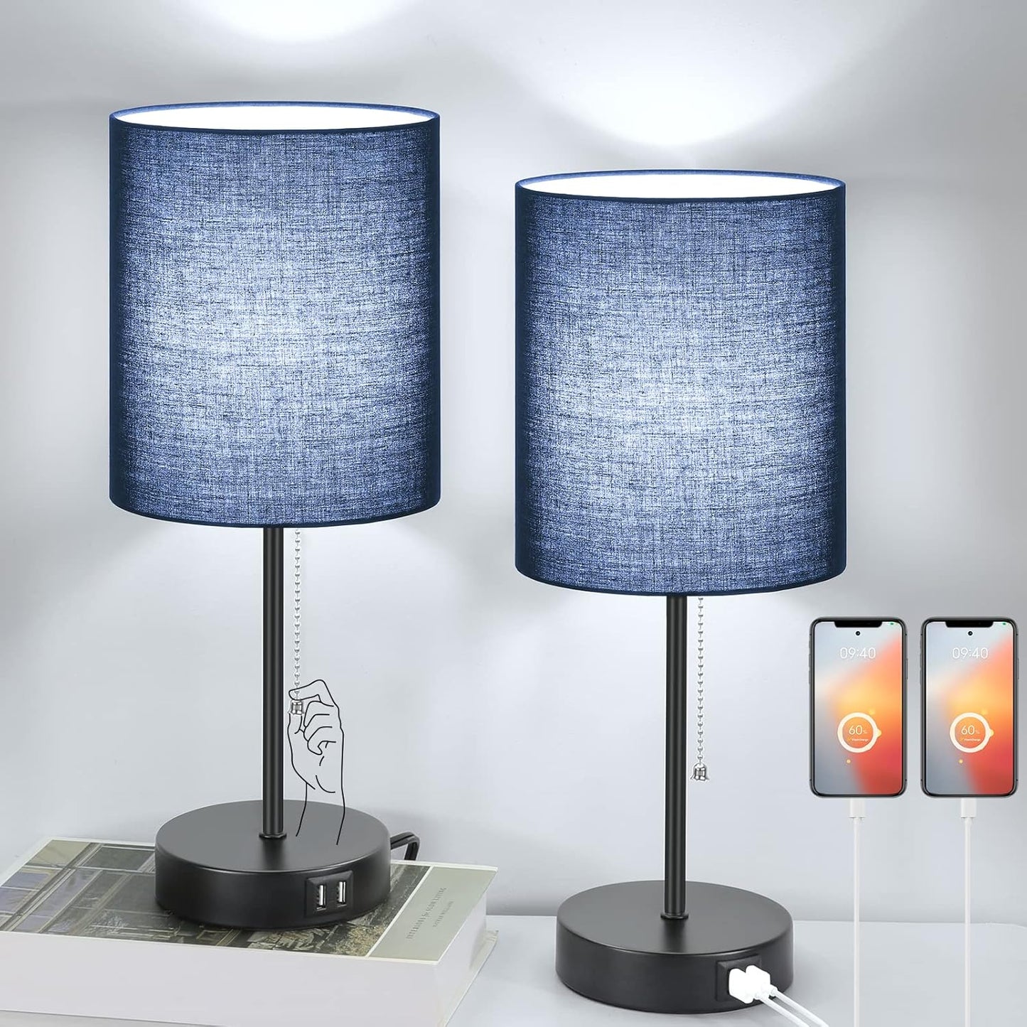 Set of 2 Bedside Table Lamps with USB Charging Port & AC Outlet