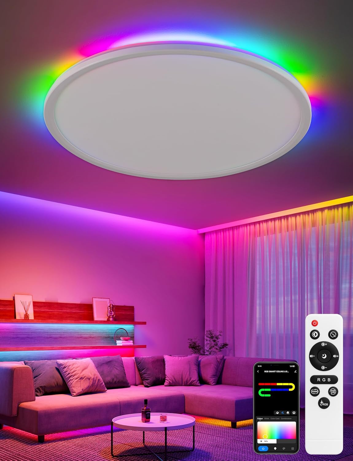 KAWELL Smart RGB LED Ceiling Light – 11 Inch, 24W 2400LM, 3000K–6500K, DIY Colors, Remote Control, Timer, Flush Mount