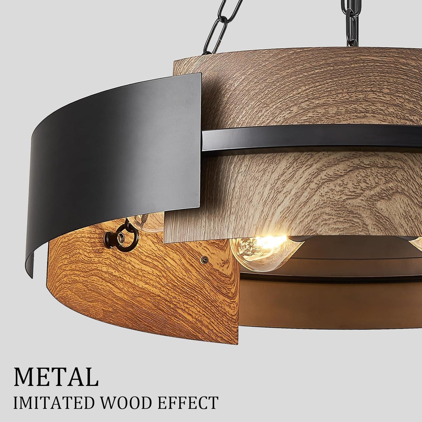 24" Industrial Drum Chandelier | 6-Light Black Metal & Walnut Wood, Dining Room