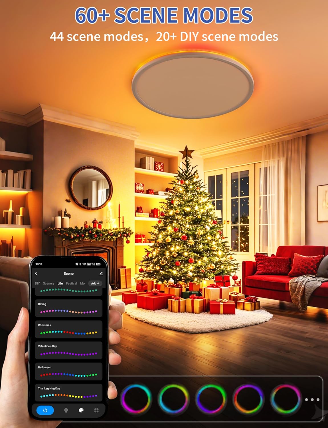 KAWELL Smart RGB LED Ceiling Light – 11 Inch, 24W 2400LM, 3000K–6500K, DIY Colors, Remote Control, Timer, Flush Mount