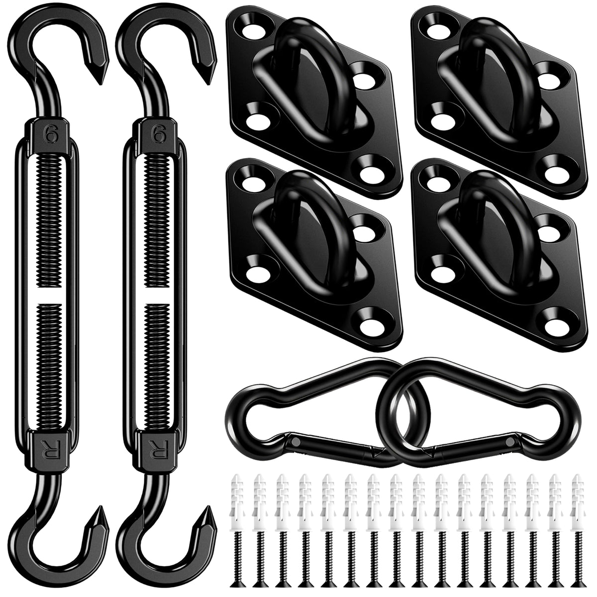 Sun Shade Sail Hardware Kit: 6 Inch 304 Stainless Sunshade Hardware for Rectangle & Triangle Shade Sail Installation, 44 Pcs Heavy Duty Canopy Accessories for Sun Shades Outdoor Patio Garden Backyard