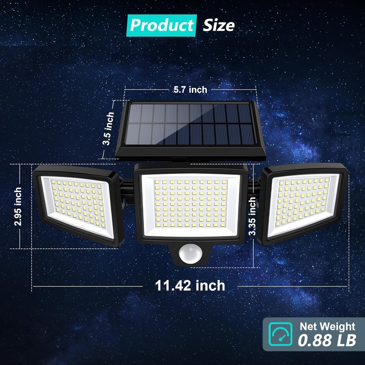 KAWELL Solar Outdoor Security Light 2500LM – 210 LED, 3-Head, Remote Control, 270° Motion Sensor, IP65 Waterproof