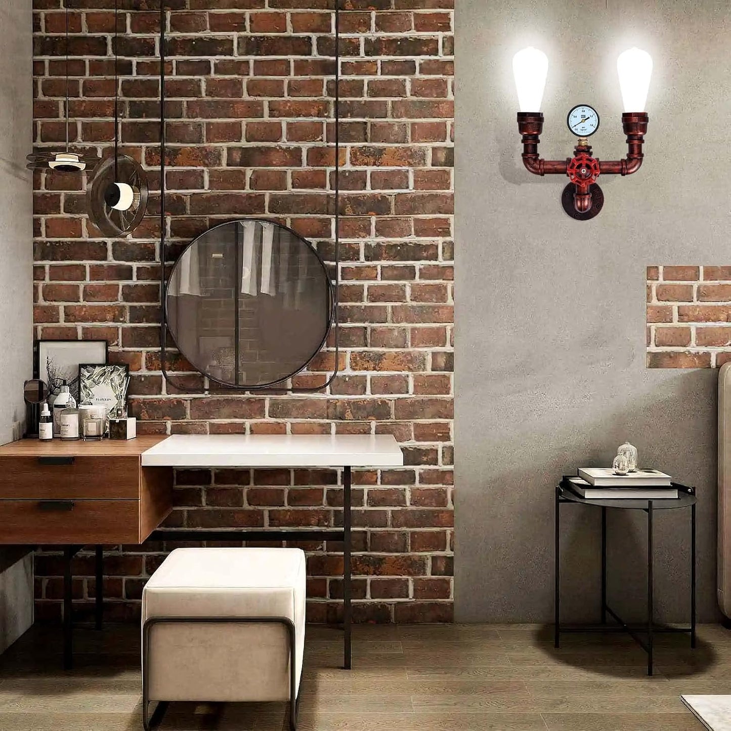 KAWELL Vintage Steampunk Wall Sconce 2-Light - Industrial Water Pipe Wall Lamp with Decorative Gauge, E26 Edison Bulb Fixture for Bar & Cafe