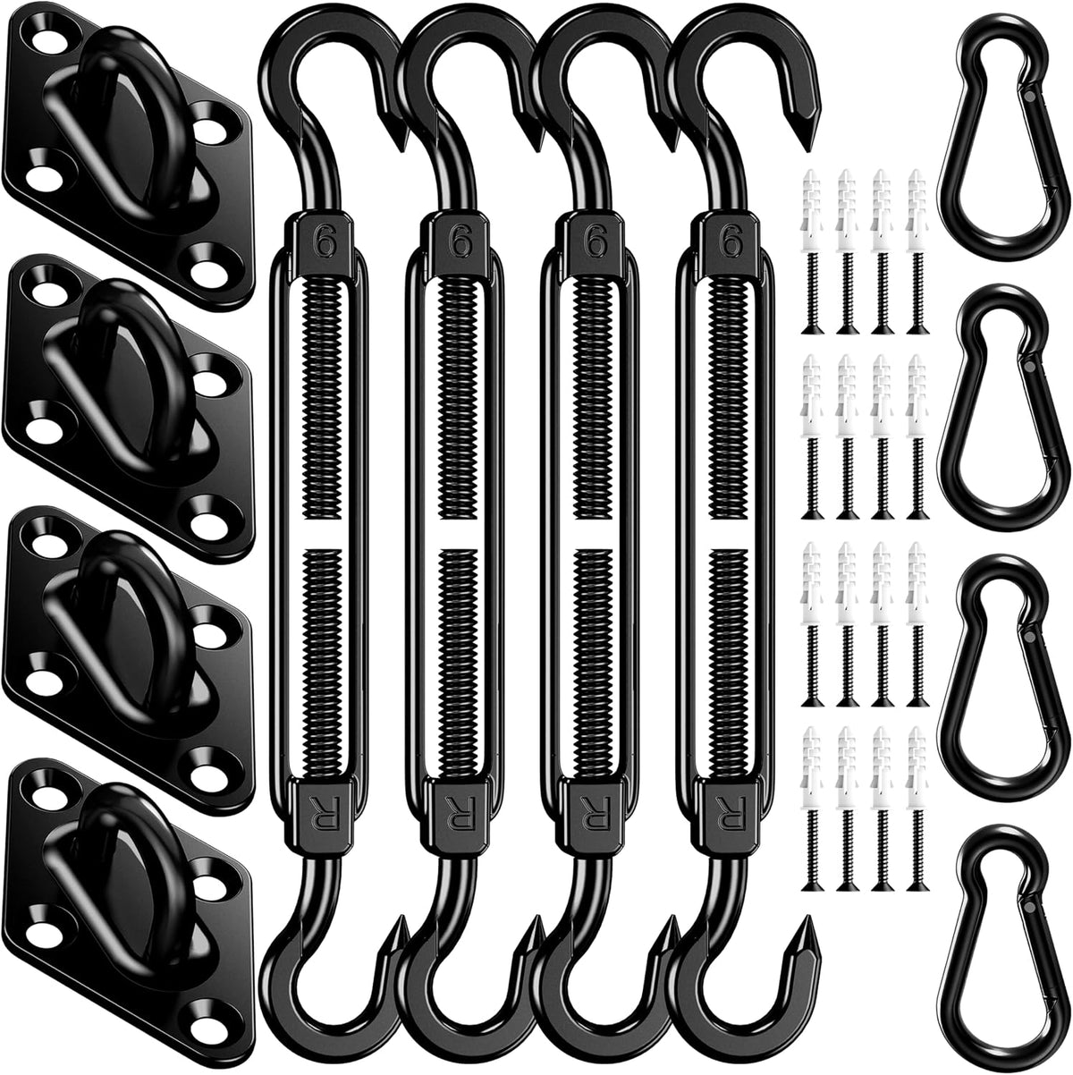 Sun Shade Sail Hardware Kit: 6 Inch 304 Stainless Sunshade Hardware for Rectangle & Triangle Shade Sail Installation, 44 Pcs Heavy Duty Canopy Accessories for Sun Shades Outdoor Patio Garden Backyard