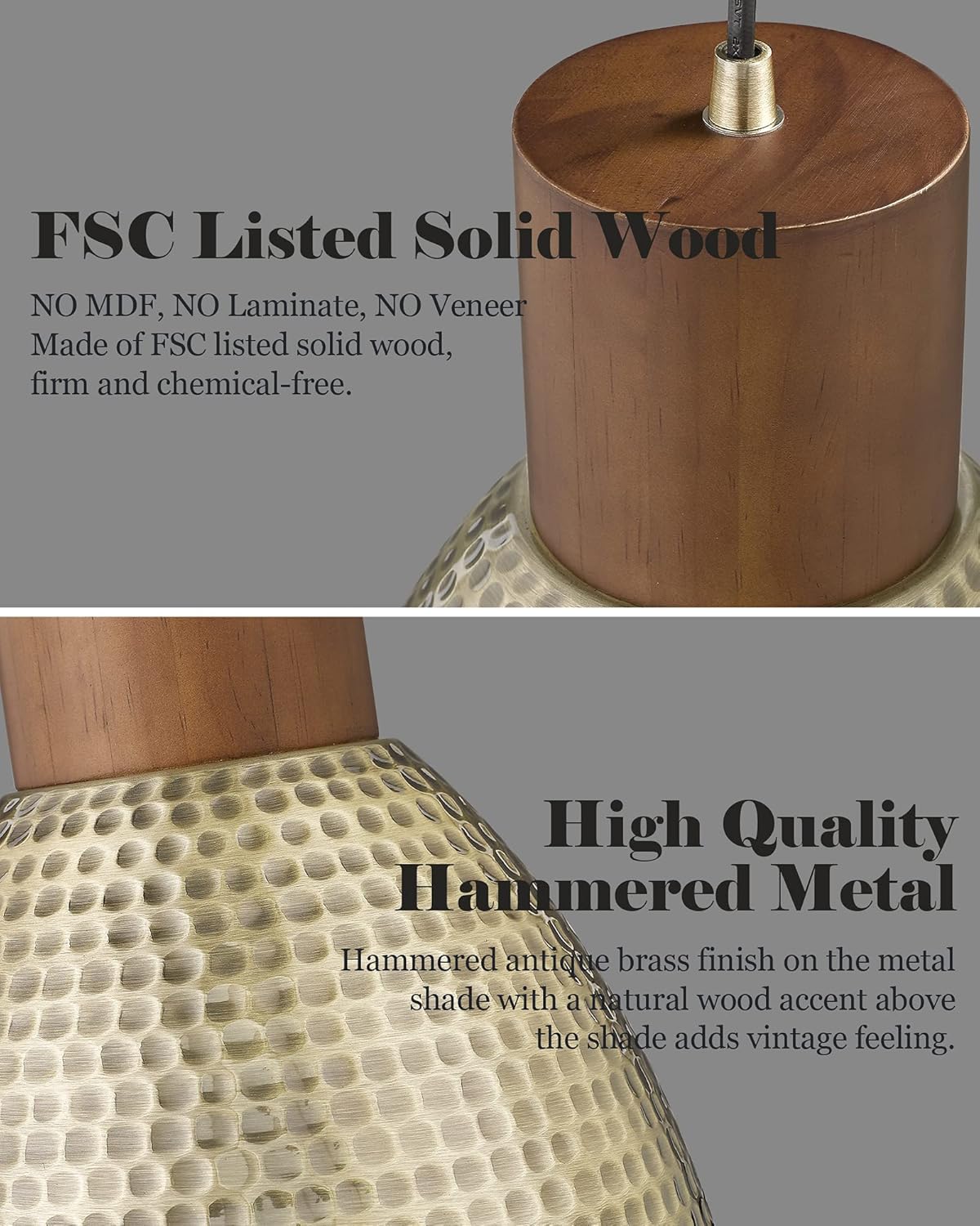 2-Pack Hammered Brass Pendant Lights | Vintage Solid Wood Bar Lamp, Kitchen Island