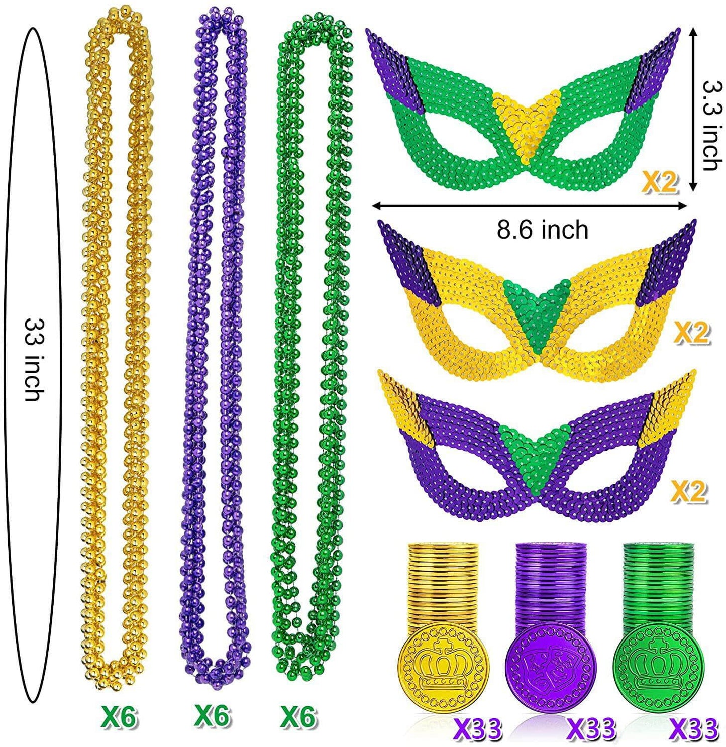 Mardi Gras Beads Necklaces Mask Coins Party Favors Set, 124pcs Mardi Gras Accessories Decorations Bulk for Kids Women Men Parades Carnival Games Toy Masquerade Party Decor Supplies