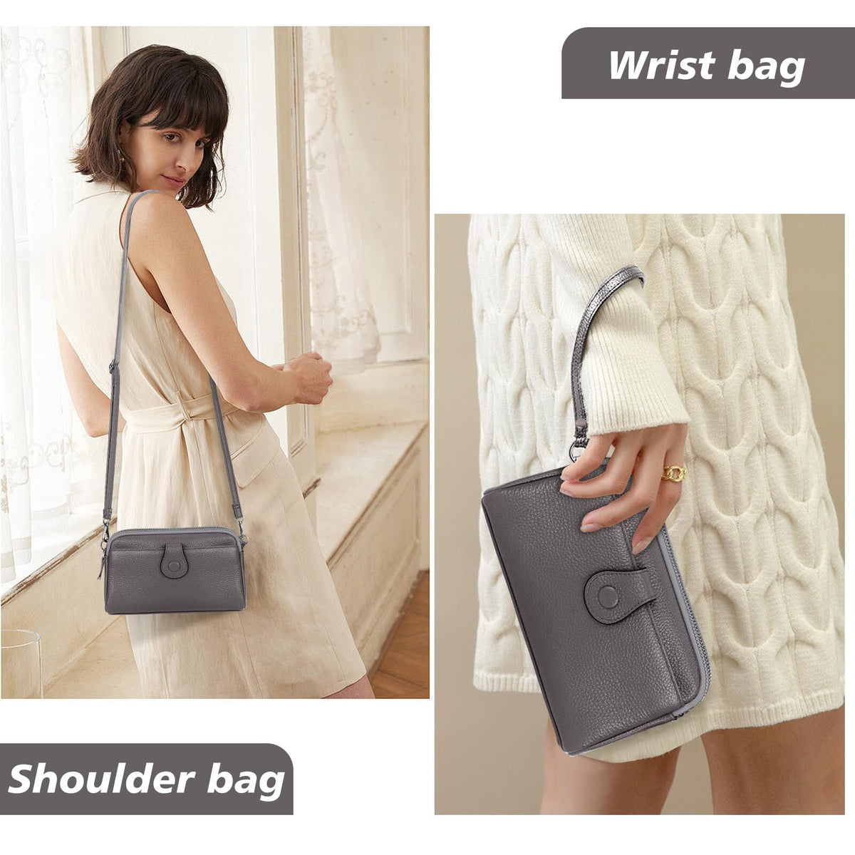 KAWELL Genuine Leather Wristlet Clutch Wallet Purses Small Crossbody Bags Shoulder Handbag for Women, Silver Zipper