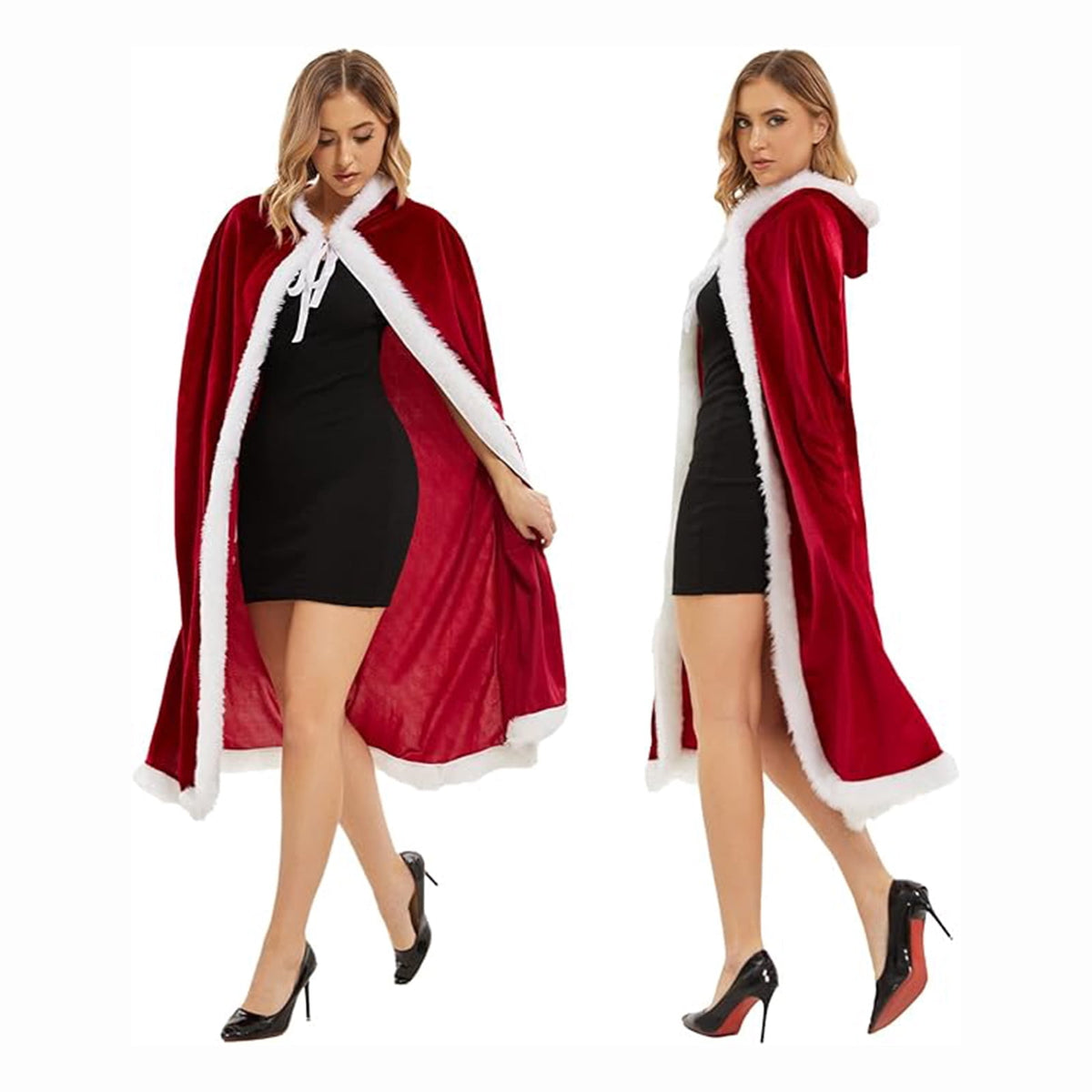 KAWELL Adult Christmas Santa Claus Robe Hooded Cloak, Mrs Santa Claus Velvet Hooded Cape Christmas Robe