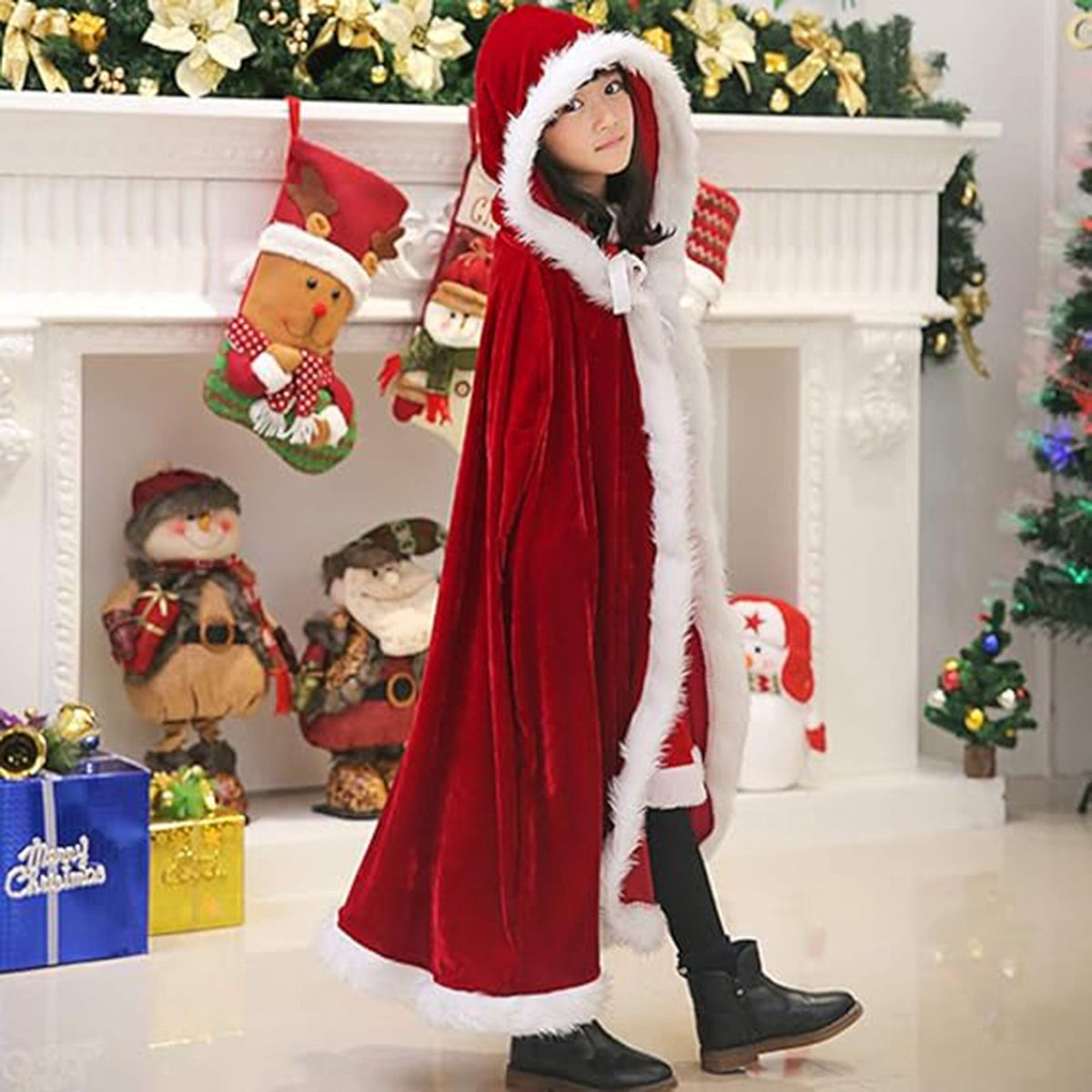 KAWELL Adult Christmas Santa Claus Robe Hooded Cloak, Mrs Santa Claus Velvet Hooded Cape Christmas Robe