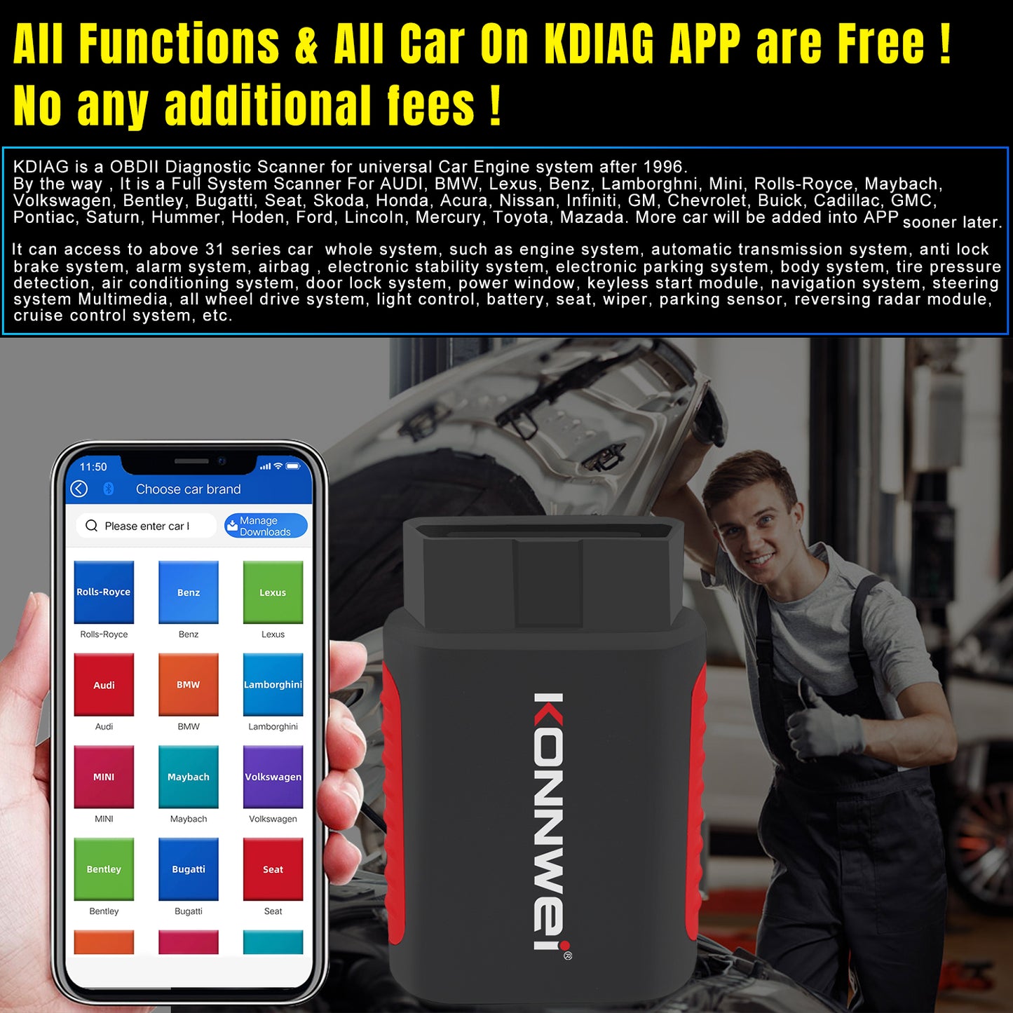 KONNWEI KDIAG Bluetooth 5.0 Full System OBD2 Scanner | 31+ Reset Functions | iOS & Android