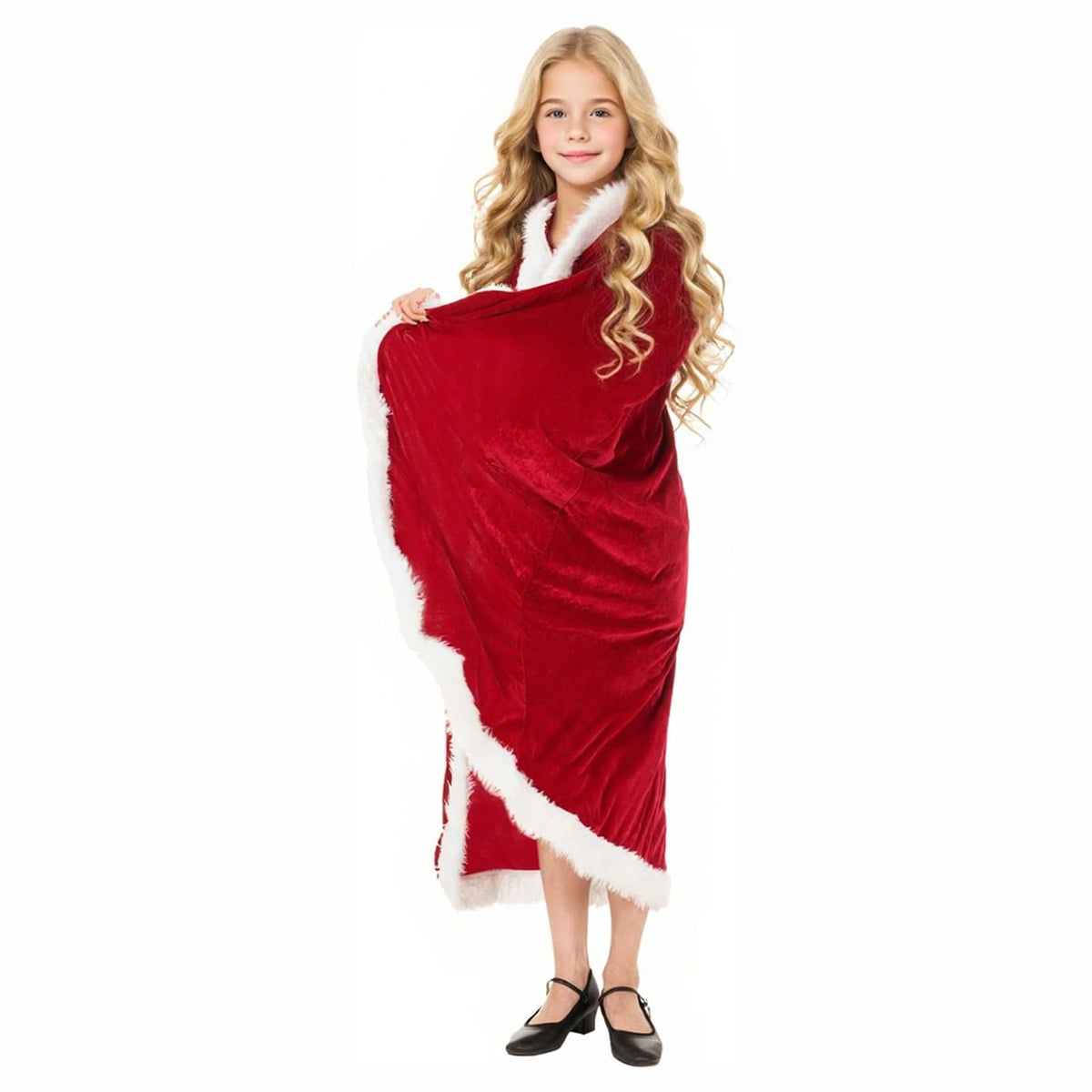 KAWELL Adult Christmas Santa Claus Robe Hooded Cloak, Mrs Santa Claus Velvet Hooded Cape Christmas Robe
