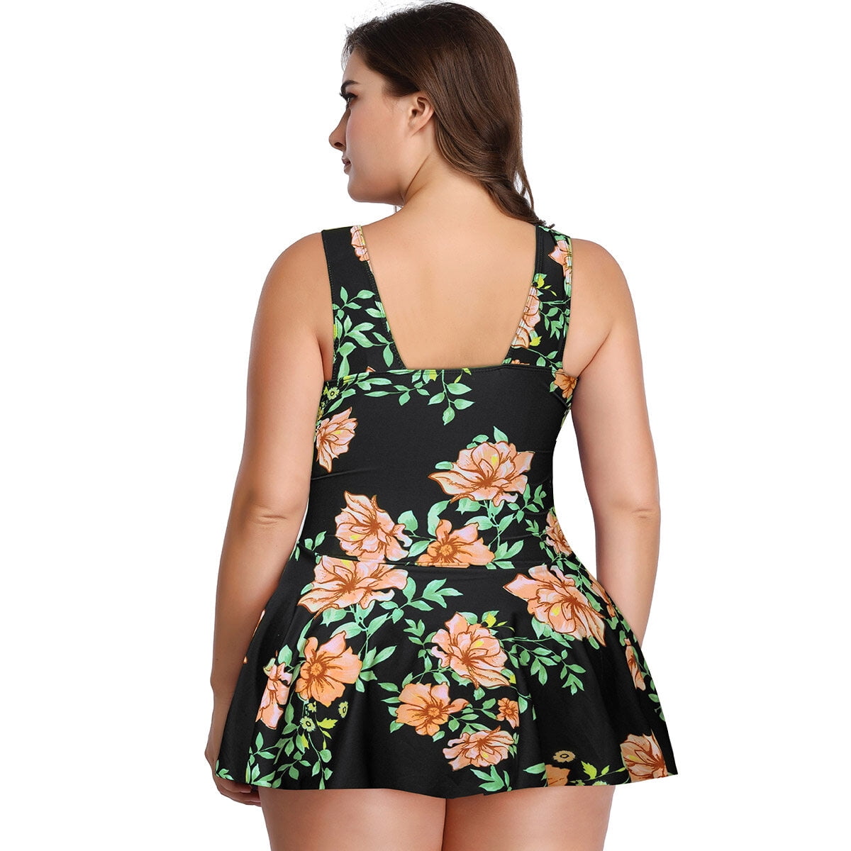 Plus Size Swimsuit for Women, Tummy Control Swimdress Two-Piece Swimwear with Flared Skirt Bikini Bathing Suits