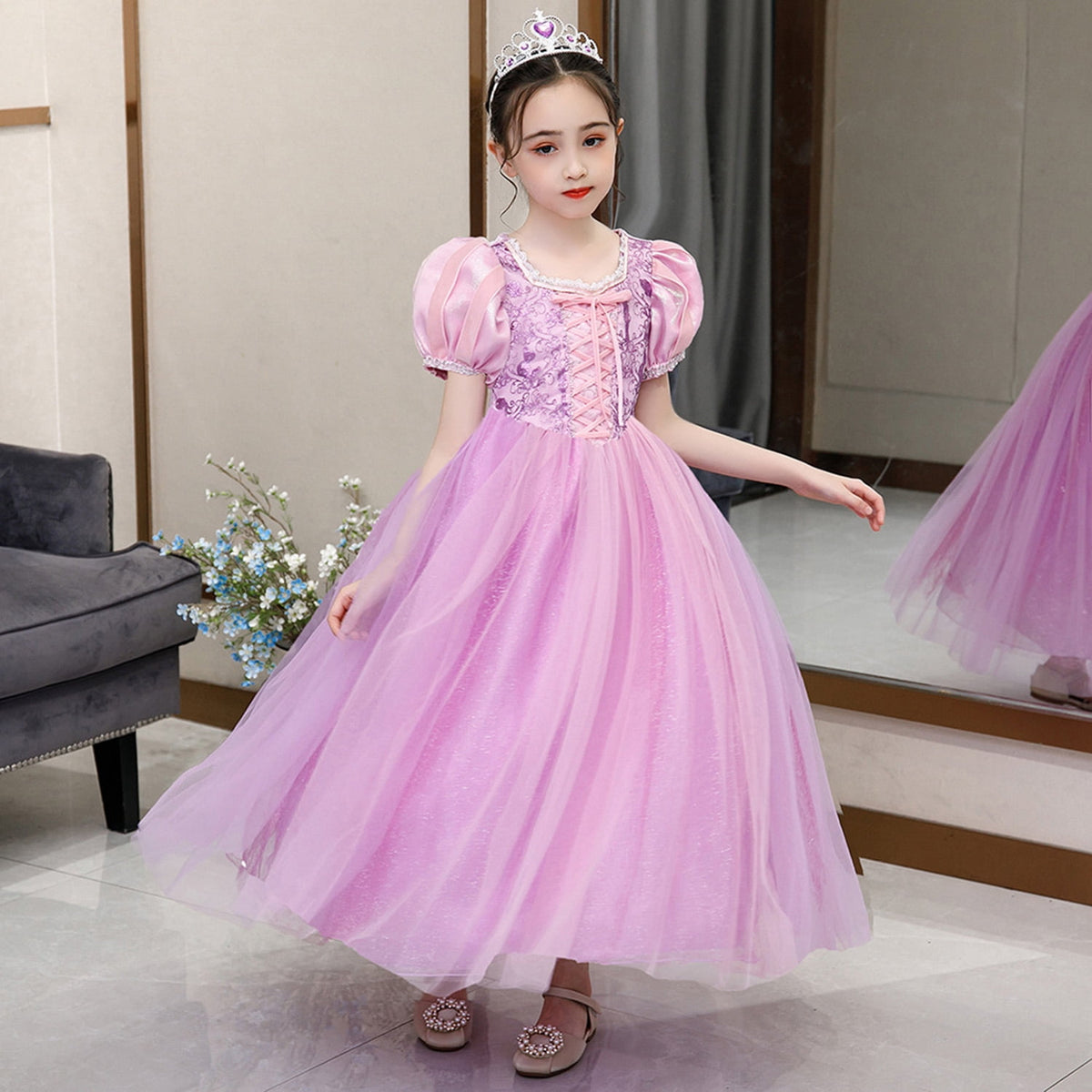 KAWELL Girls' Purple Princess Sofia Costume Halloween Masquerade Ball Dress with Sleeves