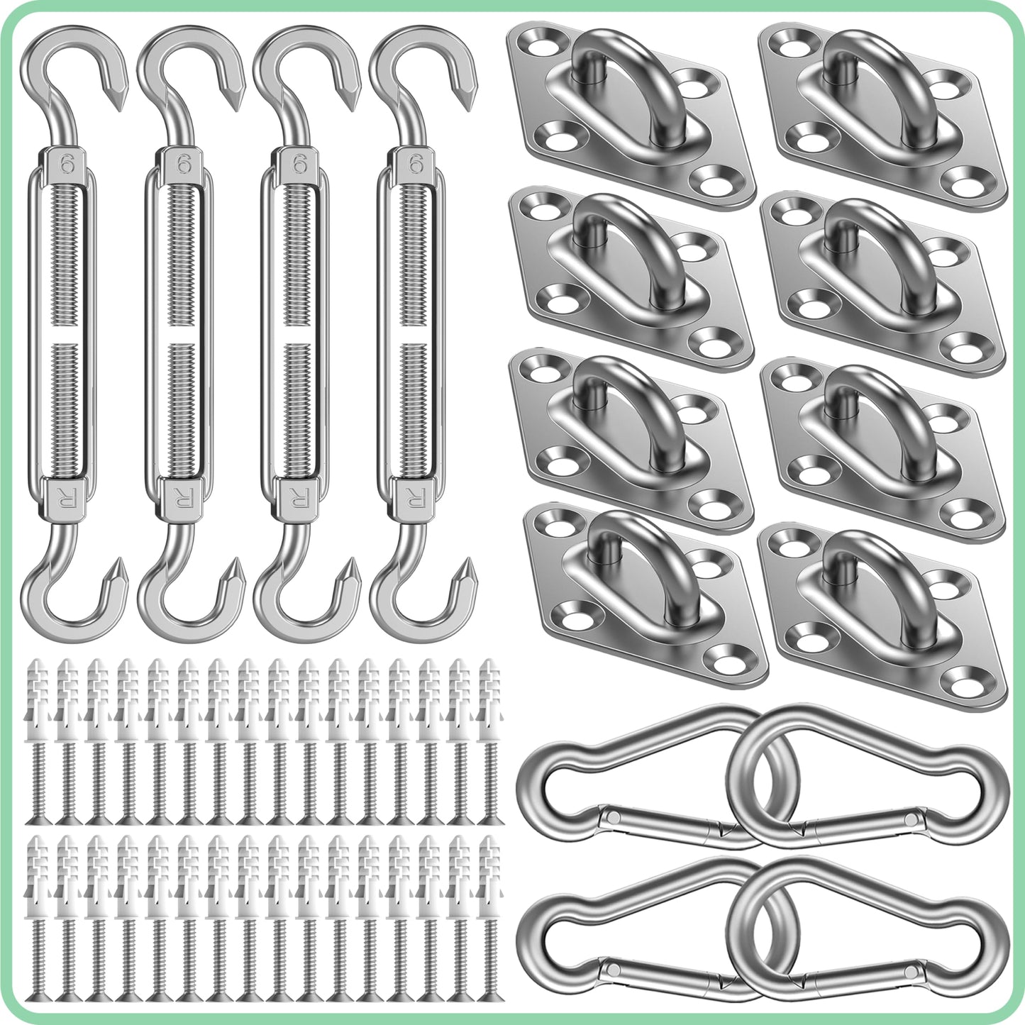 Sun Shade Sail Hardware Kit: 6 Inch 304 Stainless Sunshade Hardware for Rectangle & Triangle Shade Sail Installation, 44 Pcs Heavy Duty Canopy Accessories for Sun Shades Outdoor Patio Garden Backyard