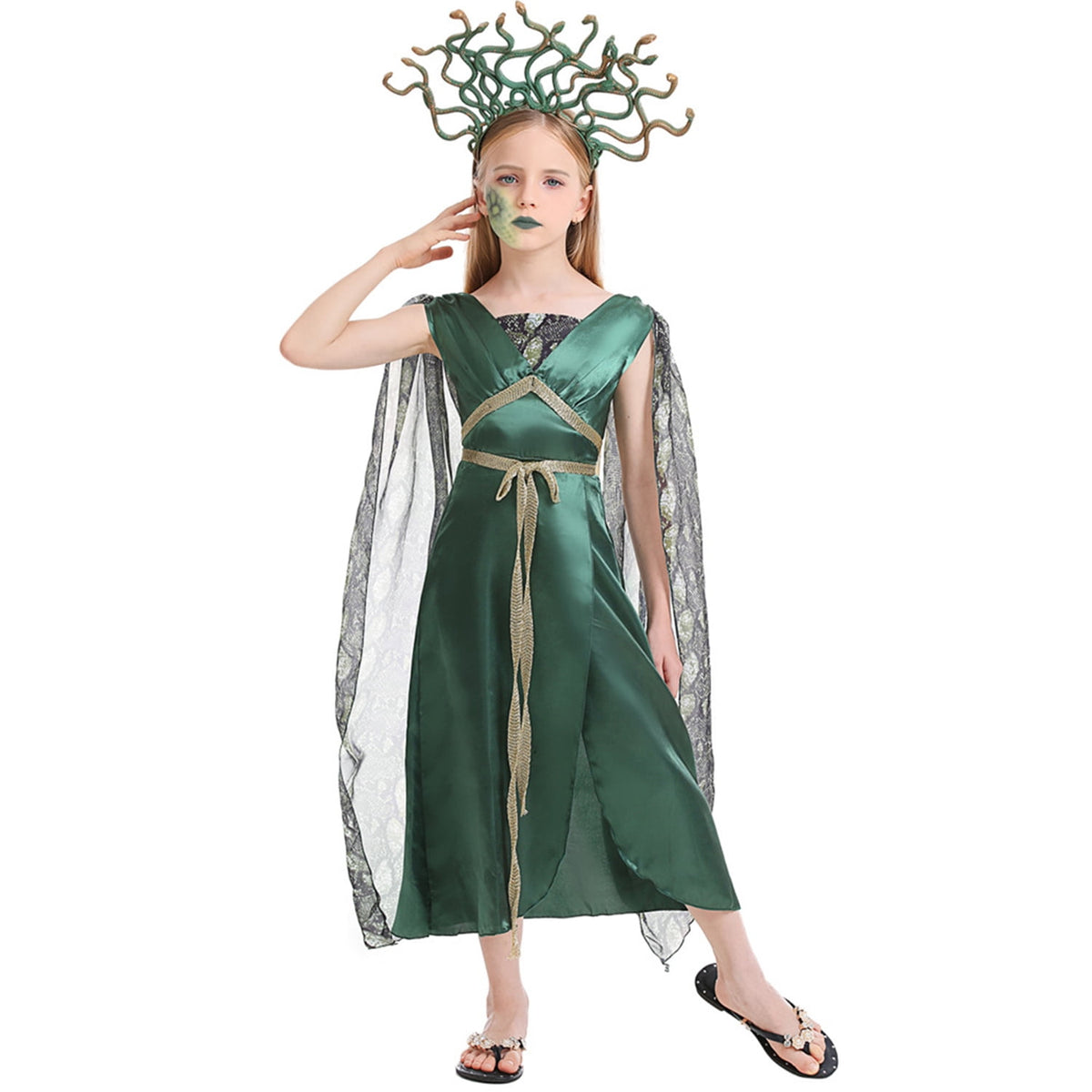 KAWELL Green Costume with Headpiece Green Dress for Halloween Dress Up