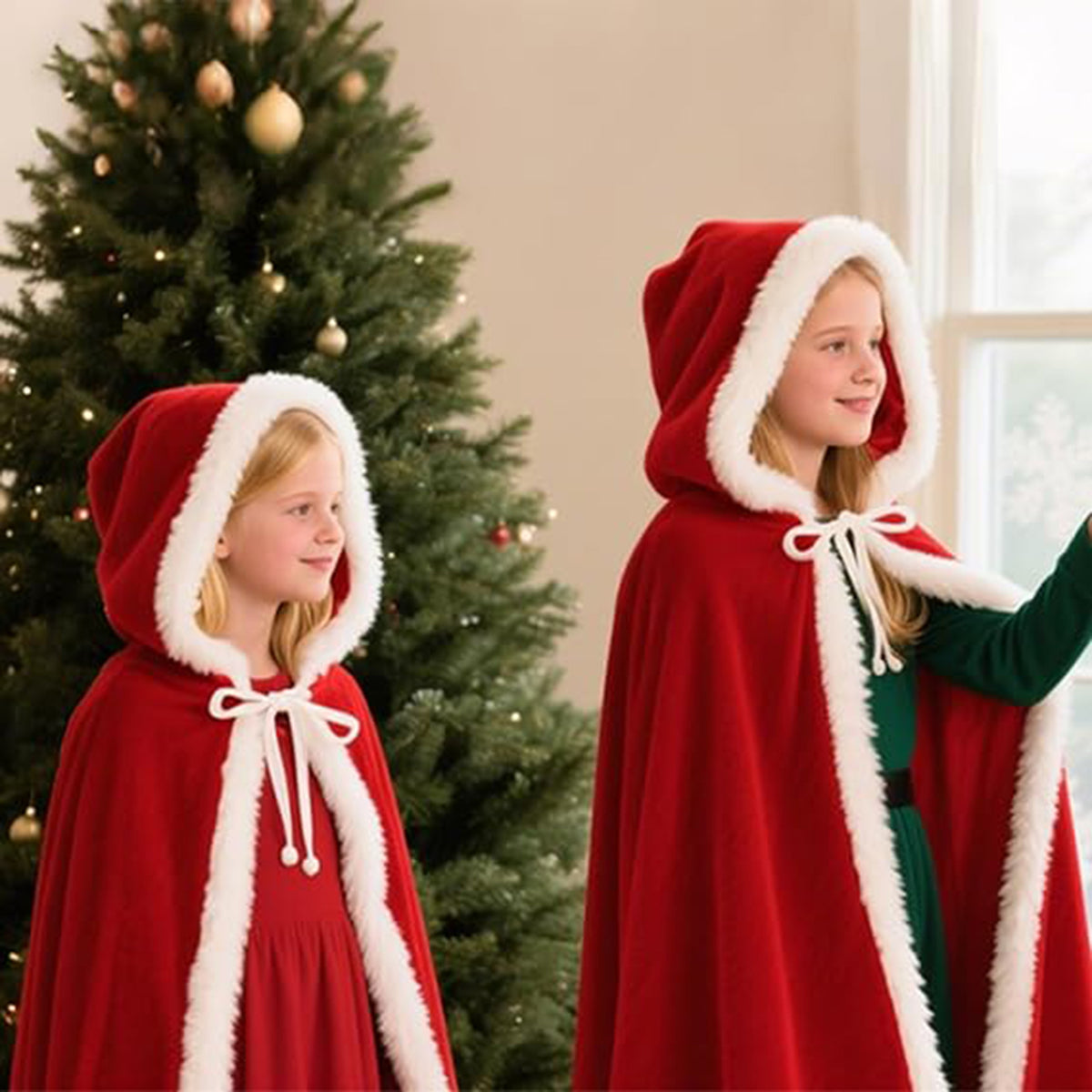 KAWELL Adult Christmas Santa Claus Robe Hooded Cloak, Mrs Santa Claus Velvet Hooded Cape Christmas Robe