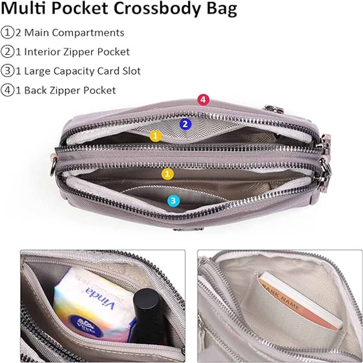 KAWELL Crossbody Bags for Women Genuine Leather Shoulder Purse Cross Body Bag with Wristlet Top Zipper