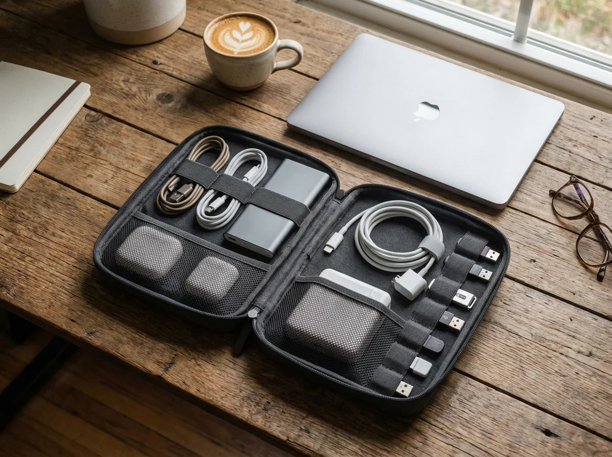 KAWELL Digital Accessories Organizer on desk with laptop digital nomad lifestyle