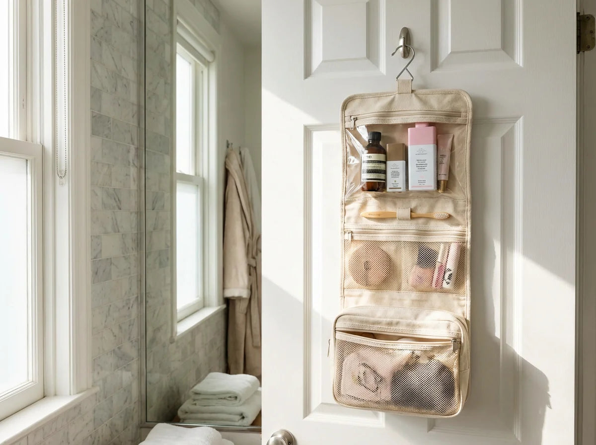 KAWELL Hanging Toiletry Bag hooked on hotel bathroom door lifestyle photo