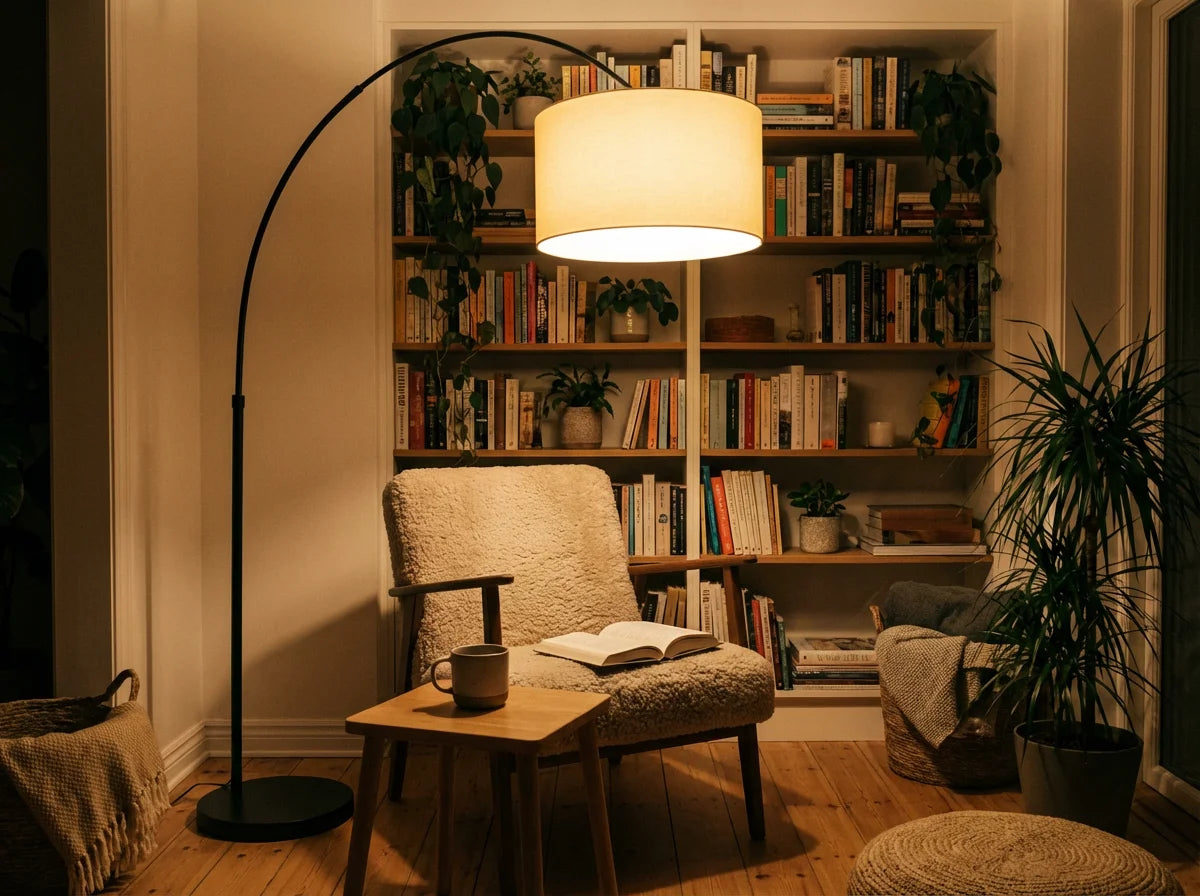 KAWELL Arc Floor Lamp beside reading armchair - cozy nook