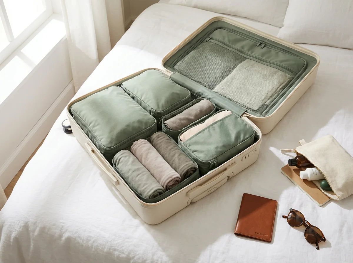 KAWELL Packing Cubes organizing clothes in open suitcase travel lifestyle