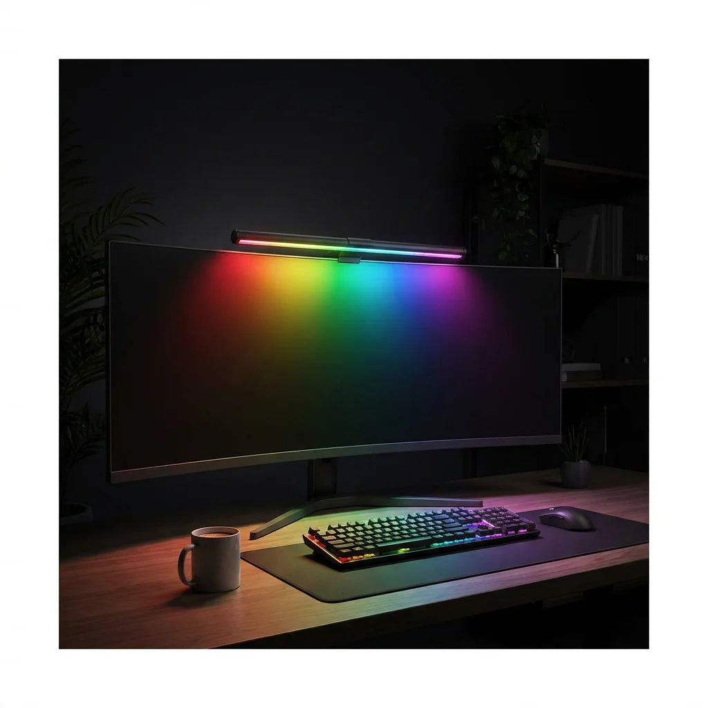 RGB Monitor Light Bar - lifestyle setup on curved ultrawide monitor with rainbow glow