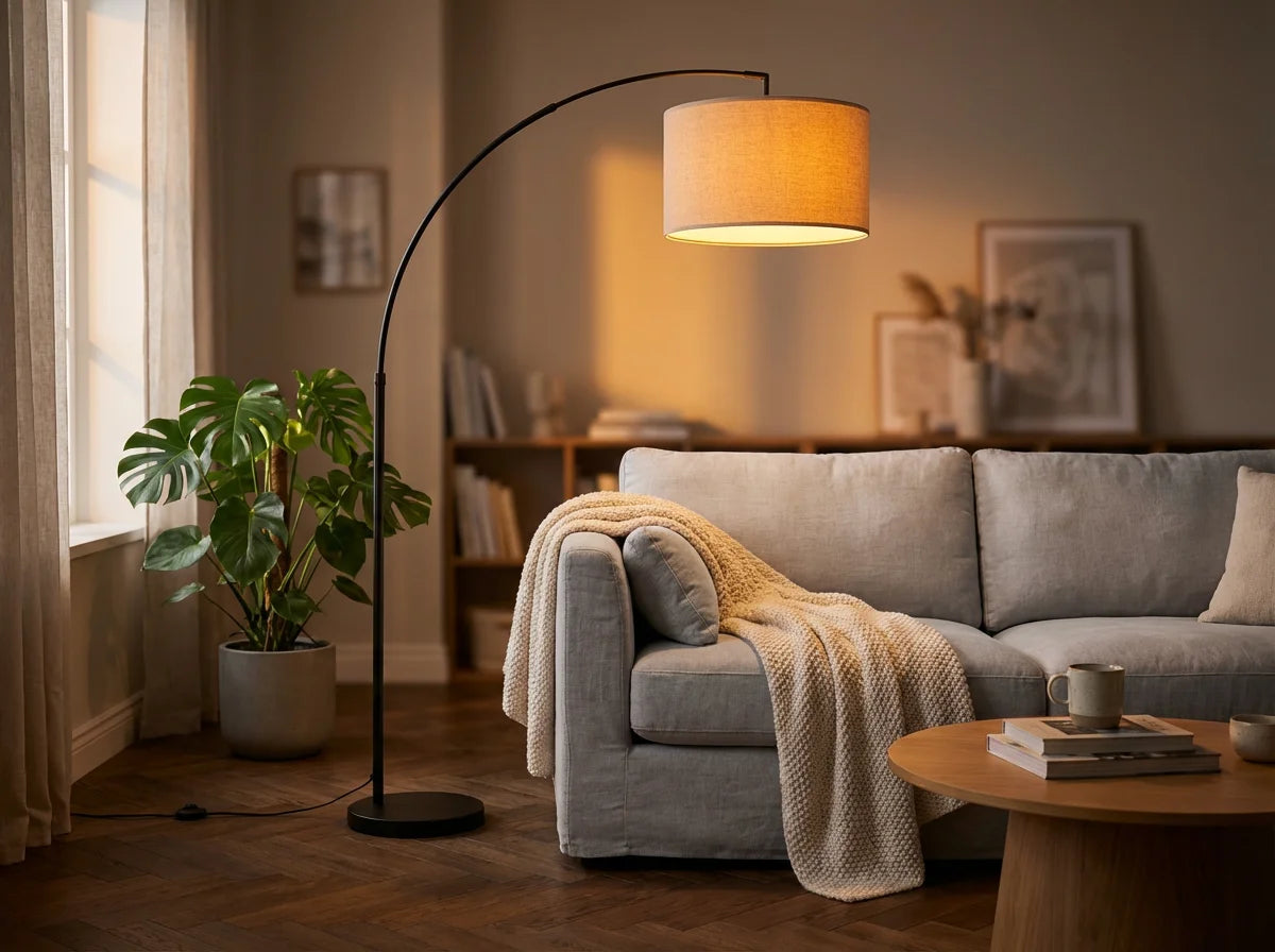 KAWELL Arc Floor Lamp over grey sofa in modern living room