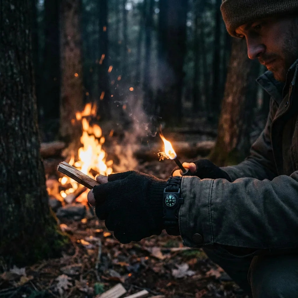 Survival Bracelet Fire Starter in Action – Outdoor Camping Lifestyle
