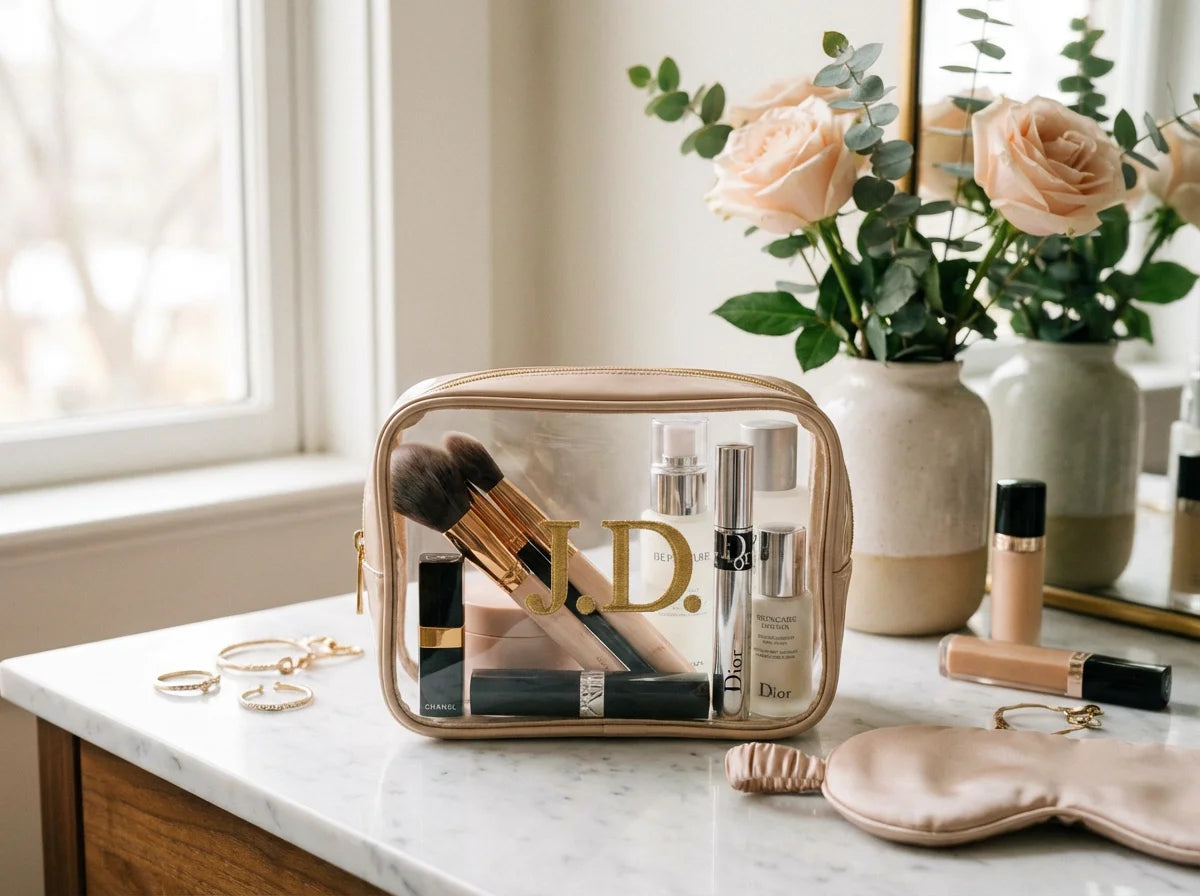 KAWELL Letter Makeup Bag on marble vanity with makeup items lifestyle photo