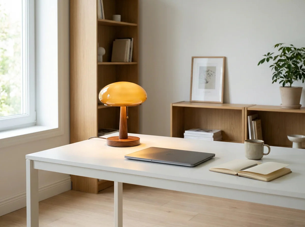 KAWELL Mushroom Lamp on home office desk - warm working atmosphere