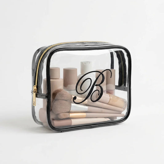 KAWELL Clear PVC Chenille Letter Cosmetic Makeup Bag on white background