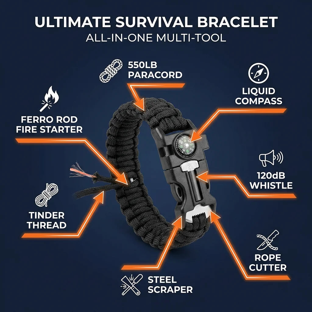 7-in-1 Survival Bracelet Features Infographic – Compass Whistle Fire Starter
