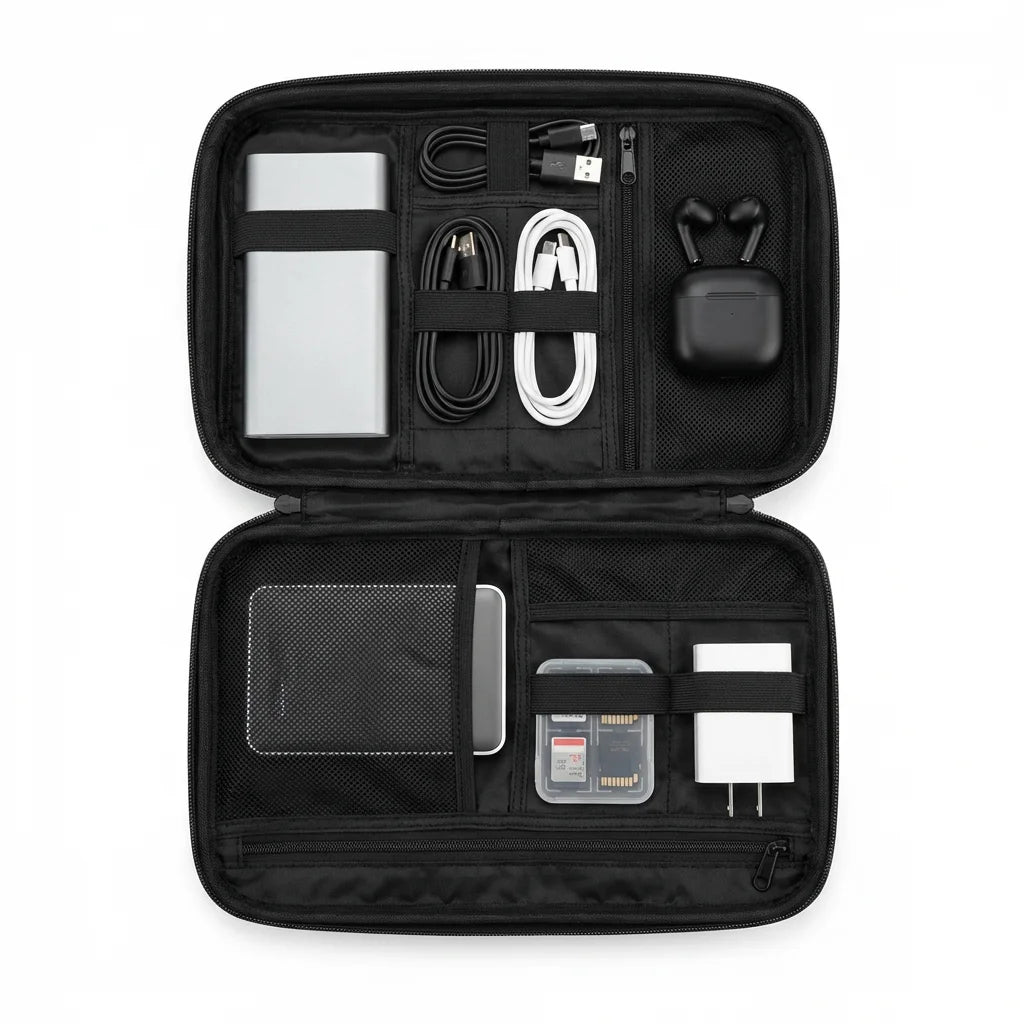 KAWELL Tech Organizer Case open flat lay showing compartments with cables and electronics