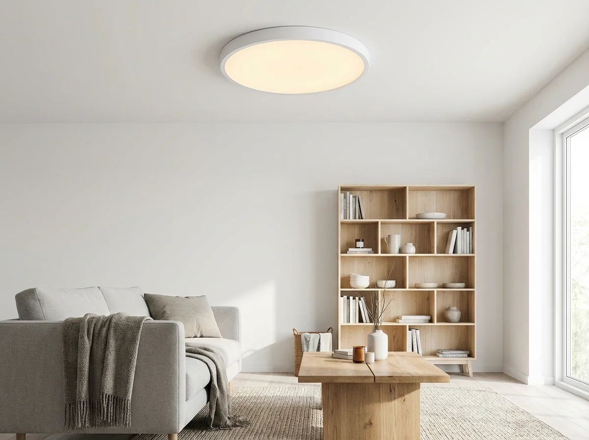 LED flush mount ceiling light in Scandinavian living room warm white light