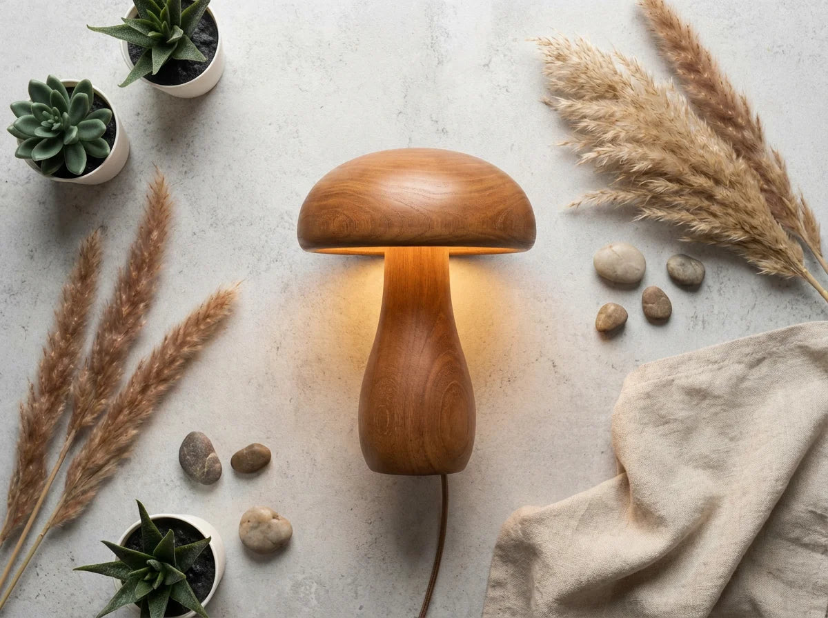 KAWELL Mushroom Lamp flat lay with natural props - minimal lifestyle