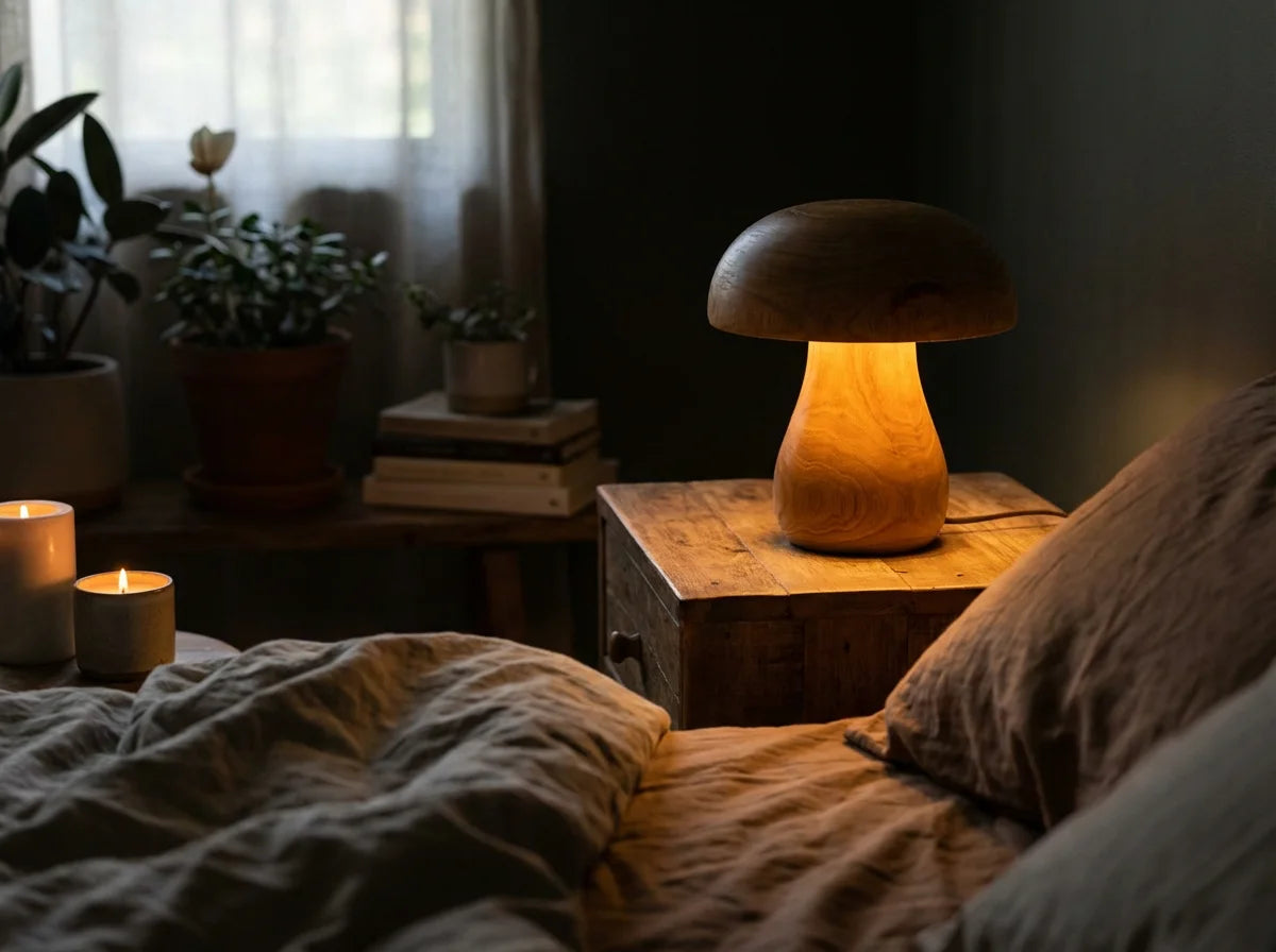 KAWELL Mushroom Lamp on bedside nightstand - cozy bedroom ambiance