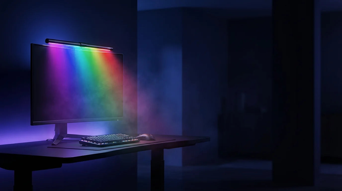 KAWELL hero banner - RGB Monitor Light Bar gaming setup