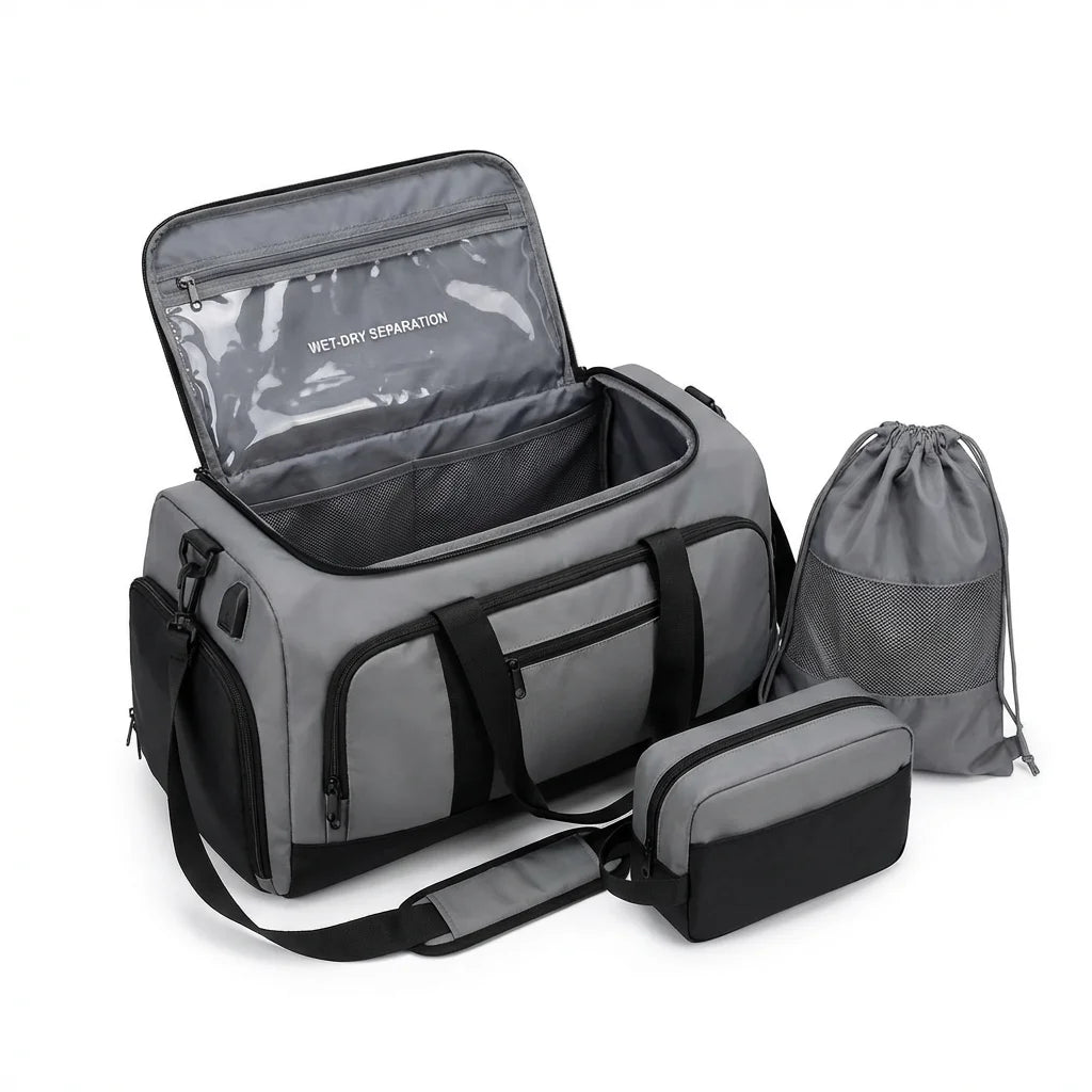 KAWELL 3-Piece Travel Duffel Bag Set gray black wet dry separation white background