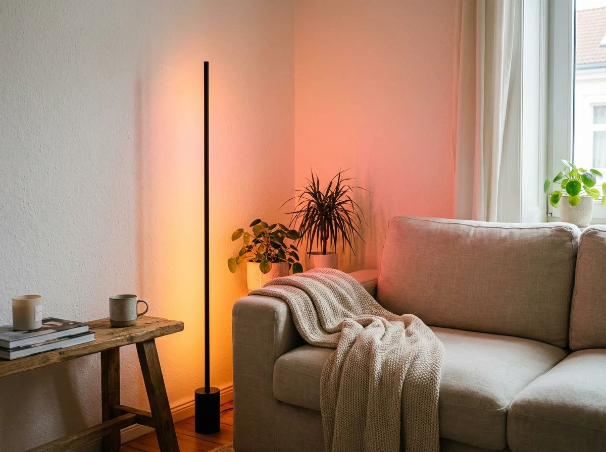 RGB corner floor lamp warm orange glow in Scandinavian living room beside sofa