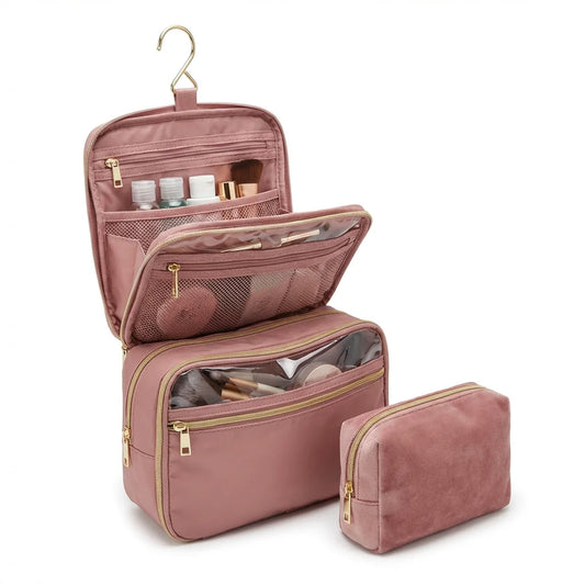 KAWELL Hanging Travel Toiletry Bag open showing compartments white background