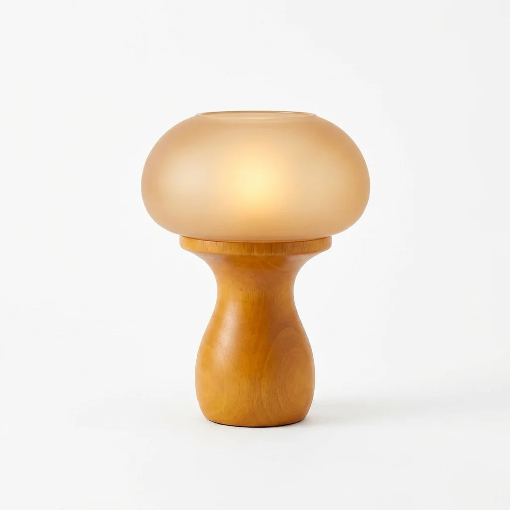 KAWELL Retro Wooden Mushroom Table Lamp - warm glow on white background
