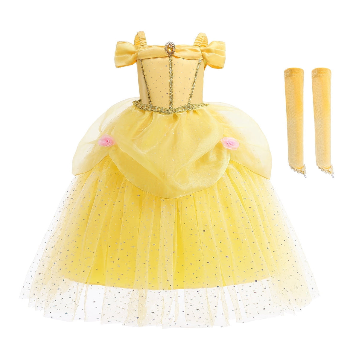 KAWELL Off Shoulder Sequins Belle Princess Tulle Dress Masquerade Ball with Cuff