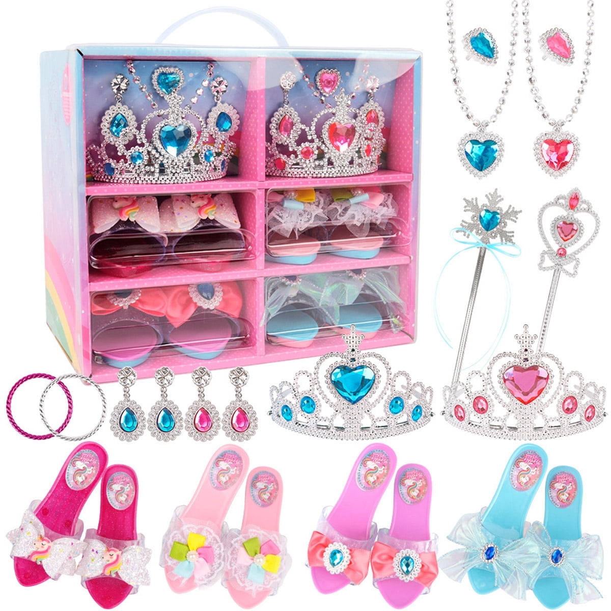 Girls Princess Dress Up Shoes and Accessories with 4 Pair of Princess Play Shoes and Jewelry Birthday Gifts Set