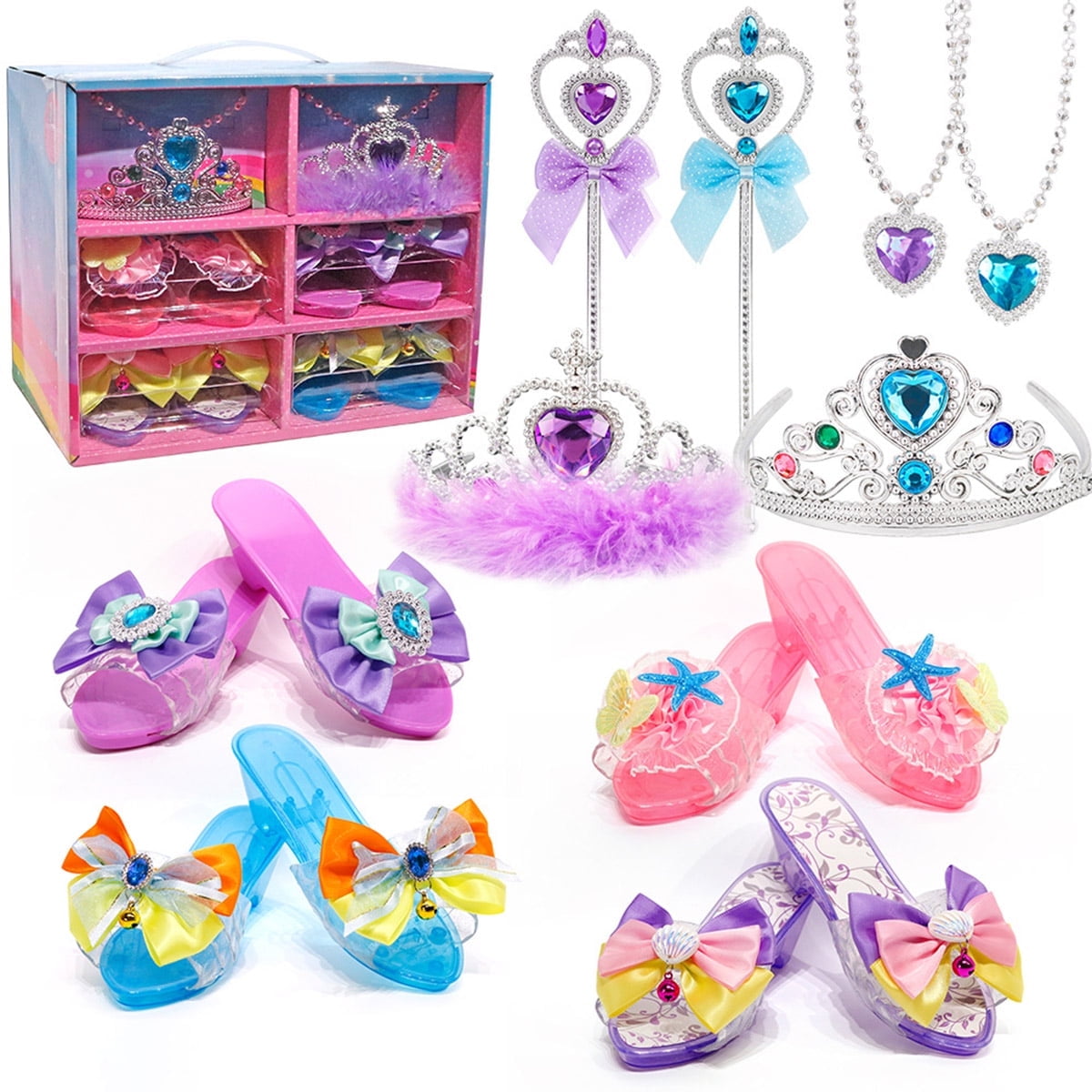 Girls Princess Dress Up Shoes and Accessories with 4 Pair of Princess Play Shoes and Jewelry Birthday Gifts Set