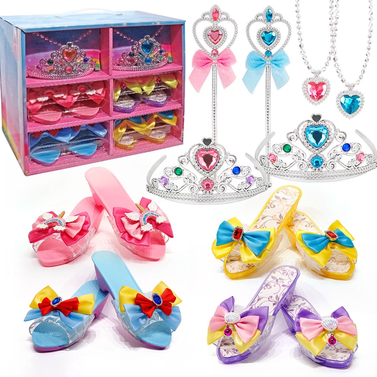 Girls Princess Dress Up Shoes and Accessories with 4 Pair of Princess Play Shoes and Jewelry Birthday Gifts Set